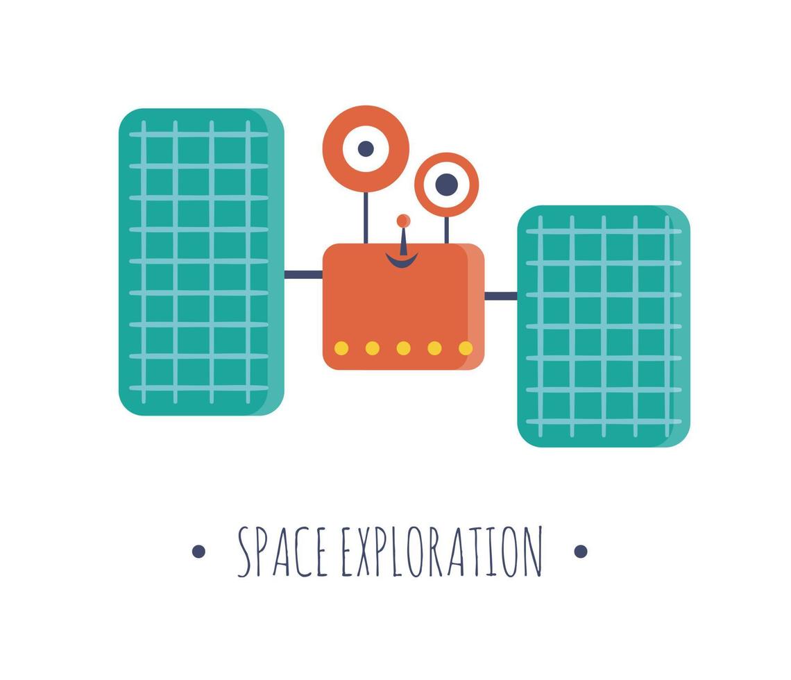 Vektor-Satellitenillustration für Kinder. helles und süßes flaches Bild von lächelnden Techniken isoliert auf weißem Hintergrund. Weltraumforschungskonzept. vektor
