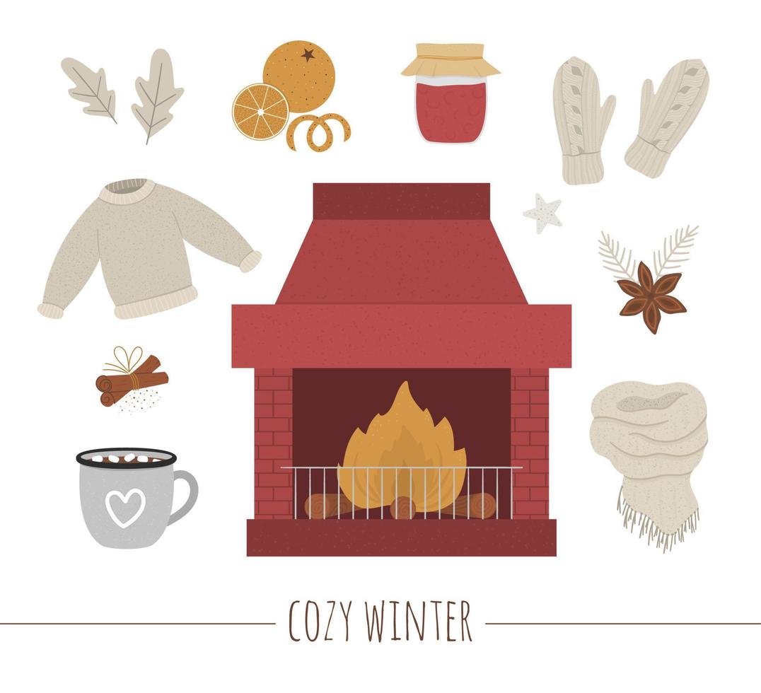 Vektor gemütliches Winterset mit Kamin und Feuer in der Mitte. Erwärmung von Objekten Abbildung. Artikel für die kalte Jahreszeit. Essen, Getränke, Gewürze und Kleidung zum Aufwärmen isoliert auf weißem Hintergrund.