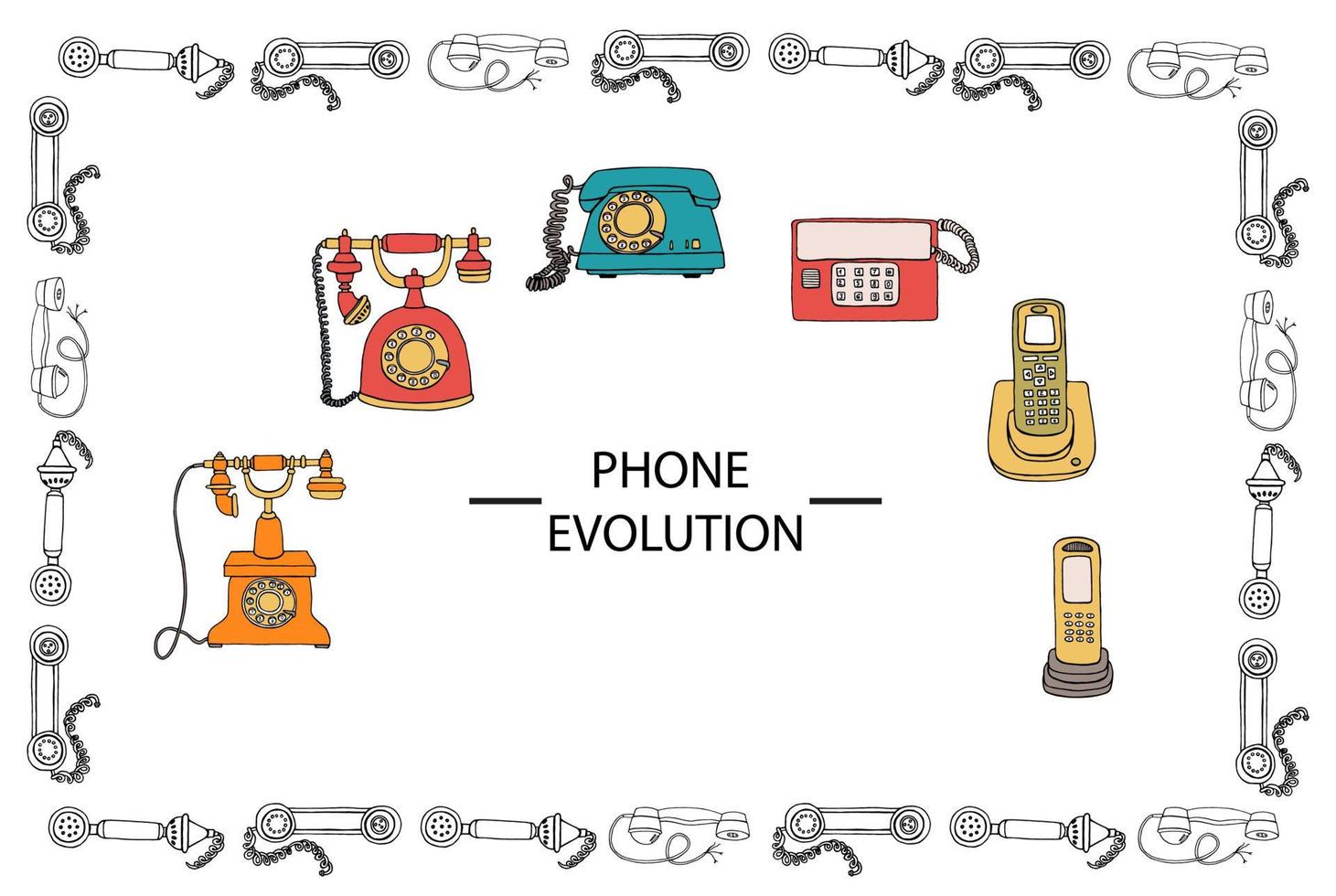 Vektor-Illustration der Telefonentwicklung eingerahmt in Empfängermuster. Vektor-Vintage-Kommunikationsmittel eingestellt. Retro-Sammlung von kabelgebundenen Wählscheibentelefonen, Funktelefonen. vektor