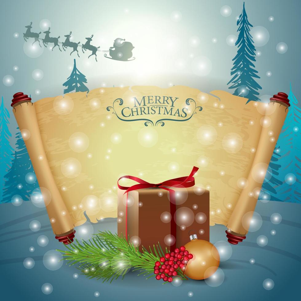 Weihnachtskarte mit Kopienraum, altem Pergament, Geschenken und Winterlandschaft im Hintergrund vektor