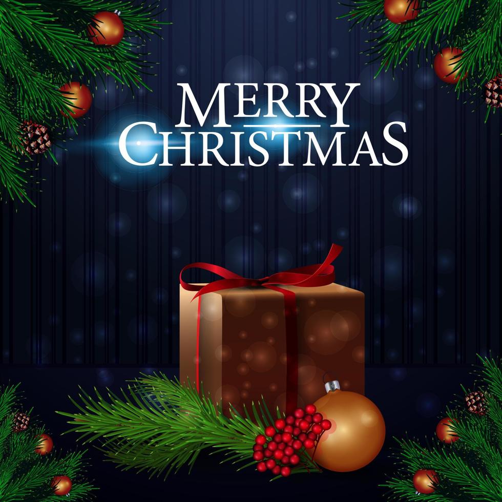 frohe weihnachten, dunkelblaue grußkarte mit geschenk und weihnachtsbaumzweigen vektor