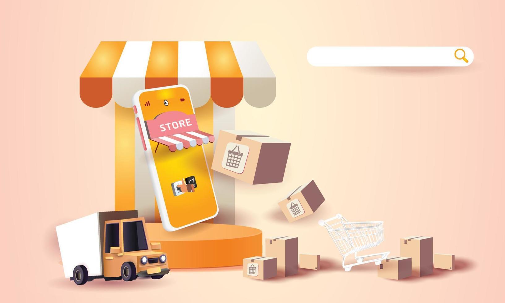 Online-Shopping am Telefon kaufen verkaufen Geschäft digitale Web-Banner-Anwendung Geldwerbung Zahlung E-Commerce-Vektor-Illustration-Suche vektor