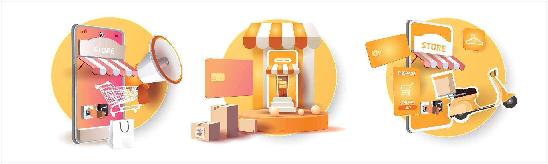 Online-Shopping am Telefon kaufen verkaufen Geschäft digitale Web-Banner-Anwendung Geldwerbung Zahlung E-Commerce-Vektor-Illustration-Suche vektor