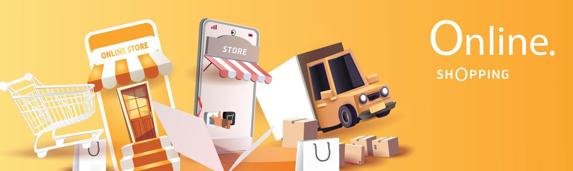 Online-Shopping am Telefon kaufen verkaufen Geschäft digitale Web-Banner-Anwendung Geldwerbung Zahlung E-Commerce-Vektor-Illustration-Suche vektor