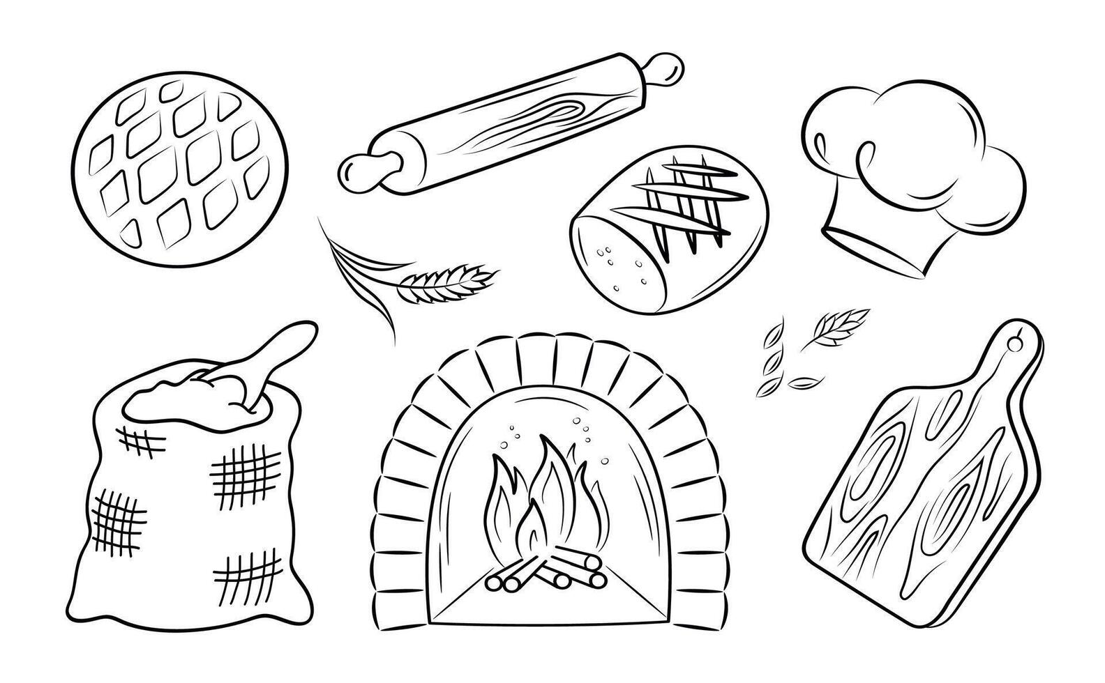 bageri. spis med en brinnande flamma, kockens hatt, rullande stift, skärande styrelse, färsk bröd. vektor