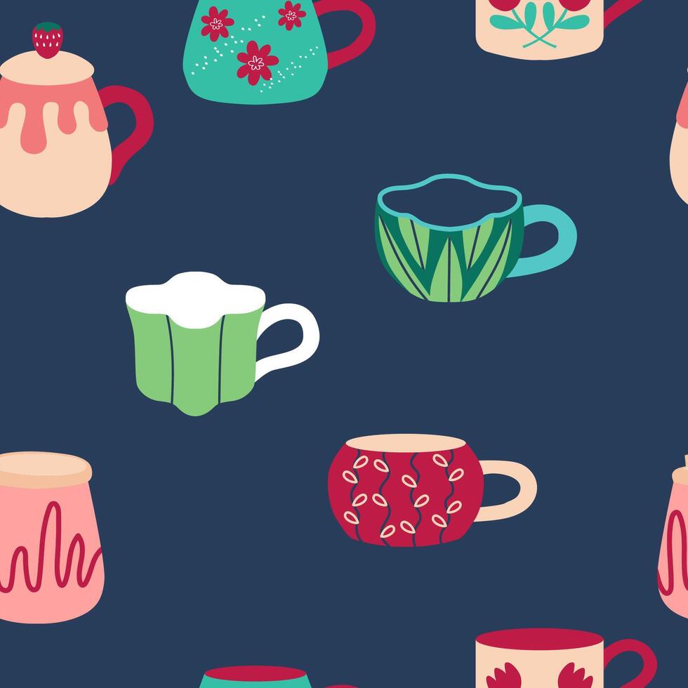 nahtlos Muster mit verschiedene Tee Tassen. süß Geschirr anders Formen und Ornamente auf Blau Hintergrund. vektor