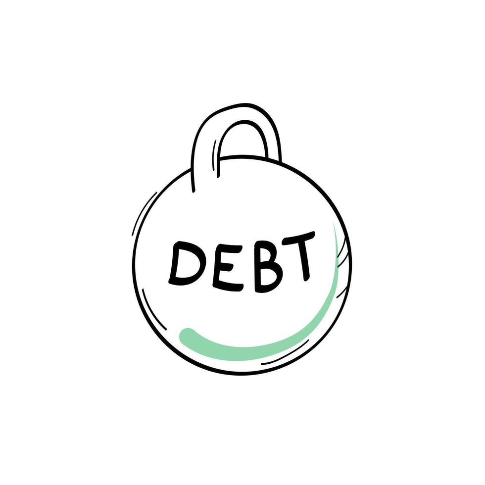 Kettlebell mit das Inschrift Schulden. finanziell Schwierigkeiten Symbol. Linie Illustration. vektor