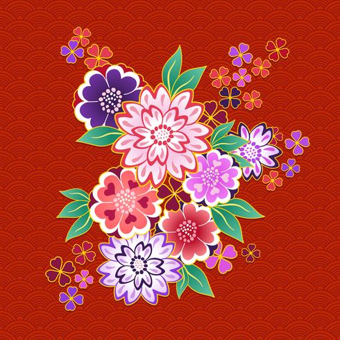 Blumenmotiv des dekorativen Kimonos auf rotem Hintergrund vektor