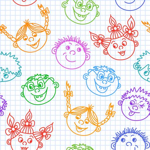 Seamless doodle leende barn vänder mot mönster vektor