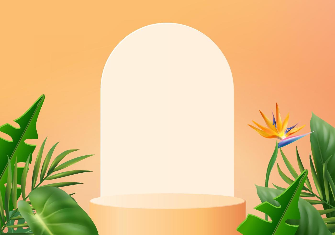 3D orange palm gör för sommar tropiska. bakgrund produkt visa podium scen med semester tropisk plattform. sommar bakgrund vektor 3d med podium. stativ för visning av kosmetiska produkter