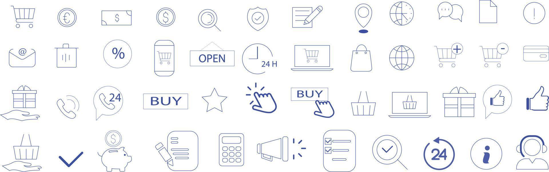 Shopping-Icons gesetzt. Sammlung von E-Commerce-Symbolen. Online-Shopping dünne Liniensymbole. Shop-Symbole Vektor