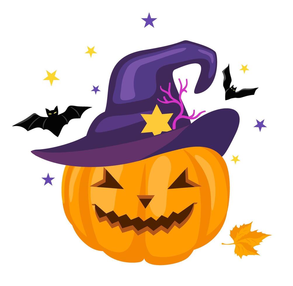 unheimlich Karikatur Halloween Kürbis tragen ein Hexe Hut und Fledermäuse. Halloween Dekoration Element vektor