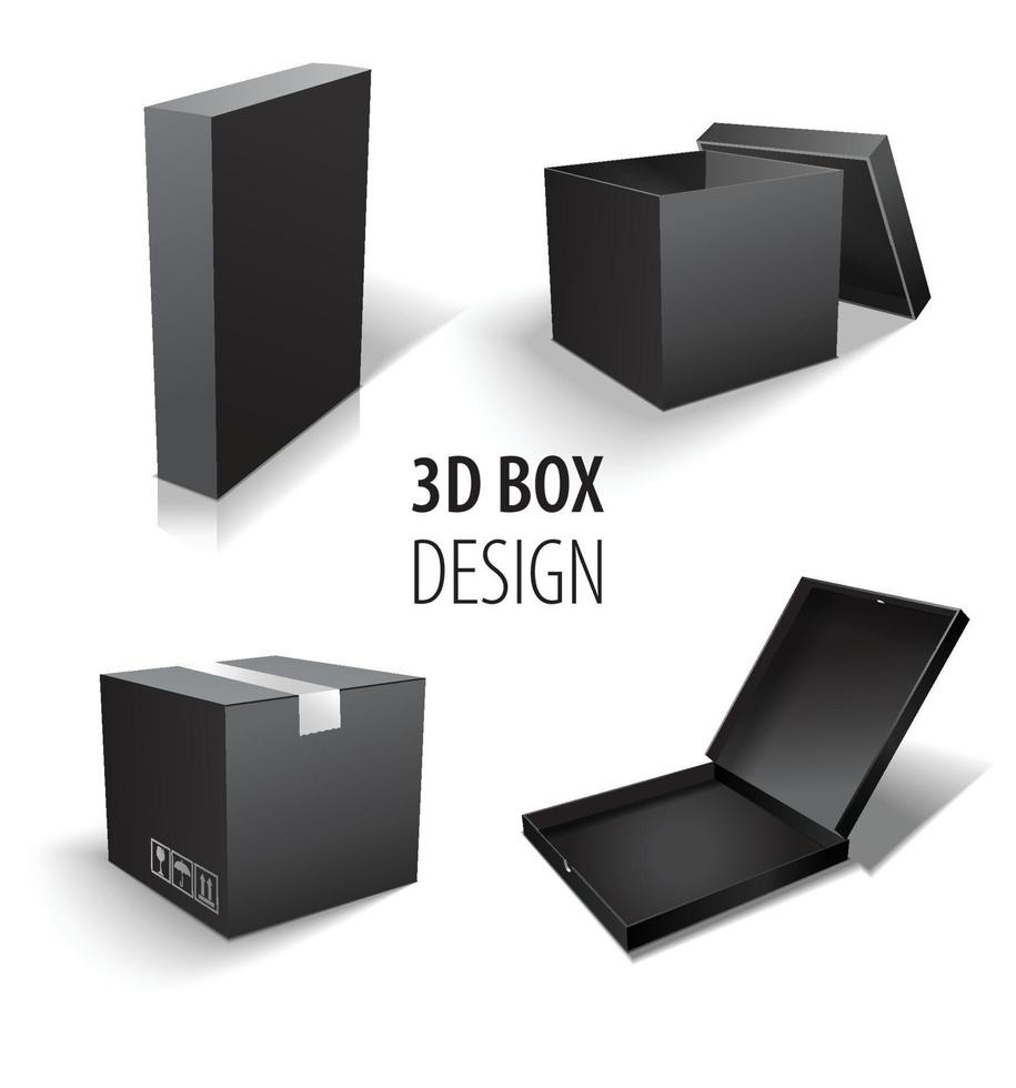 kartongförpackning 3d svart box set. leveransuppsättning av paket i olika storlekar med postskyltar av ömtåliga. uppsättning stängda och öppna kartonger på vit bakgrund. vektor