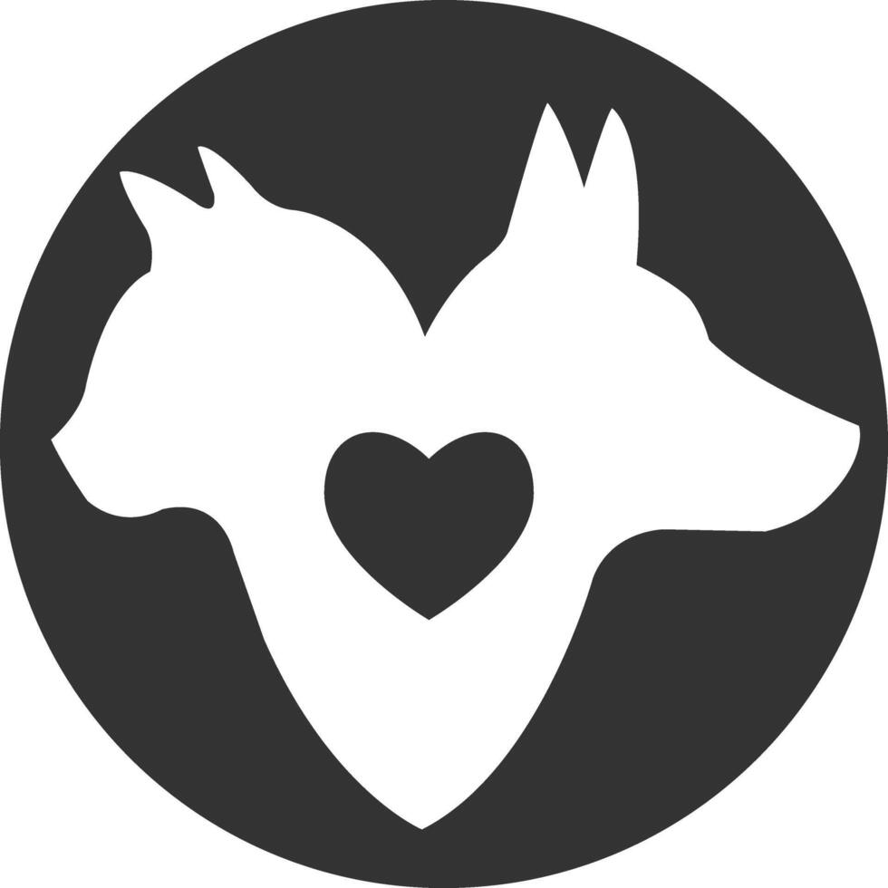 en hund och katt silhuett i en cirkel med en hjärta vektor