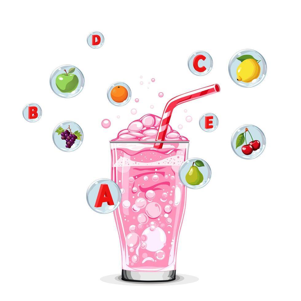 friska rosa syre cocktail med frukt i luft bubblor. isolerat illustration på vit bakgrund. sommar dryck för platt design av kort, flygblad, baner, presentationer, logotyp, försäljning, affisch vektor