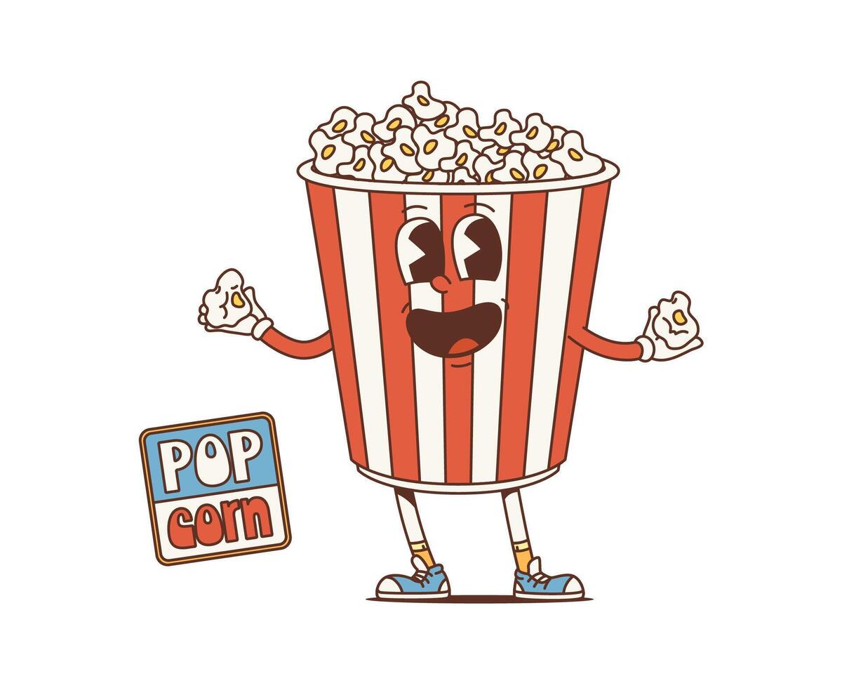 Karikatur retro Popcorn Eimer groovig Charakter vektor