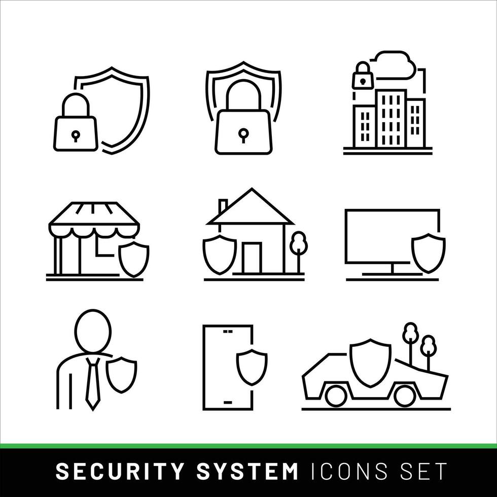 Schutz und Sicherheit System Symbole Satz. Digital Sicherheit und Kontrolle. Linie mit editierbar Schlaganfall Symbol Sammlung vektor