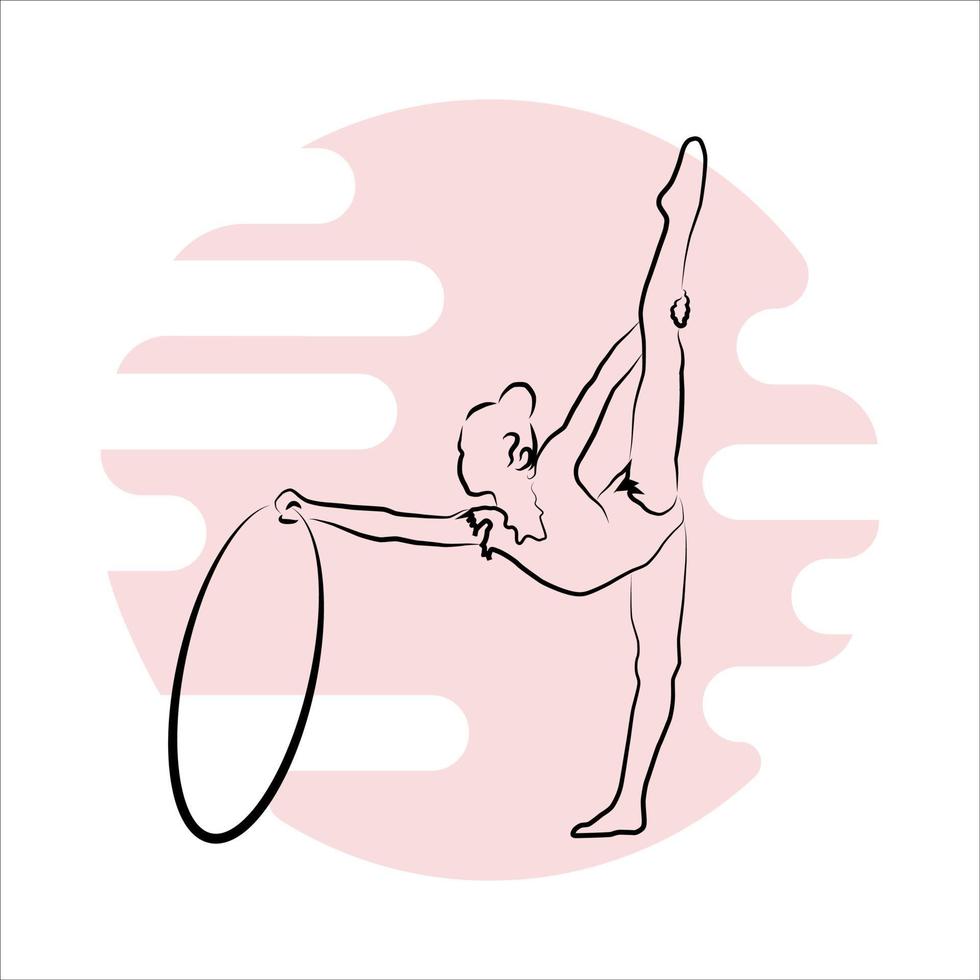 en linjär teckning av en gymnast. flickan tränar gymnastik med en båge. på en abstrakt bakgrund. linjekonst vektor