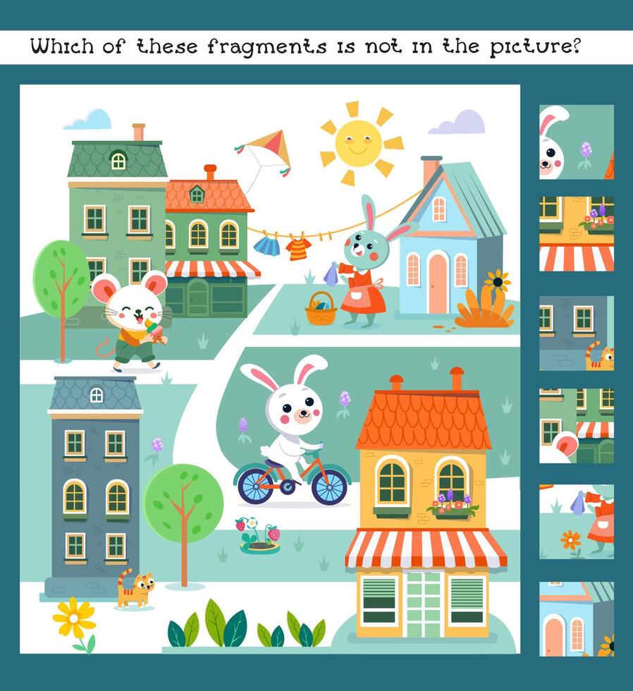 hitta dold fragment i bild. pedagogisk pussel spel för ungar. söt tecknad serie stiliserade möss och kaniner i stad. scen för barns böcker på vit bakgrund. illustration. vektor