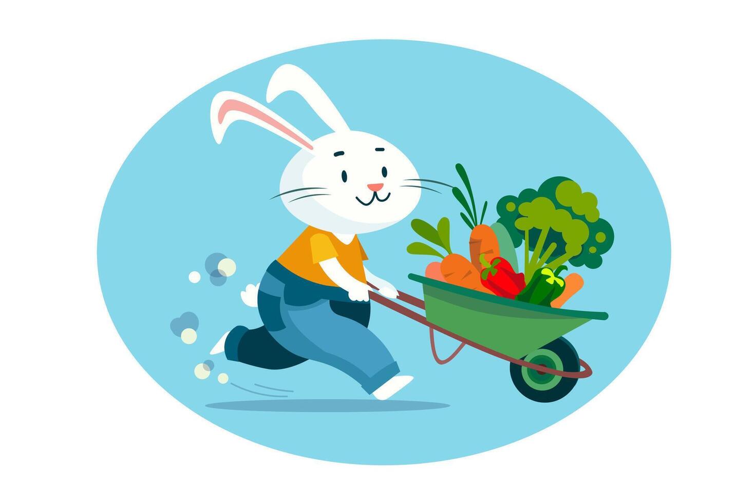 söt platt tecknad serie kanin med grönsaker i skottkärra. bruka och trädgård, växter. scen för klistermärken och design. platt isolerat illustration på vit bakgrund. vektor