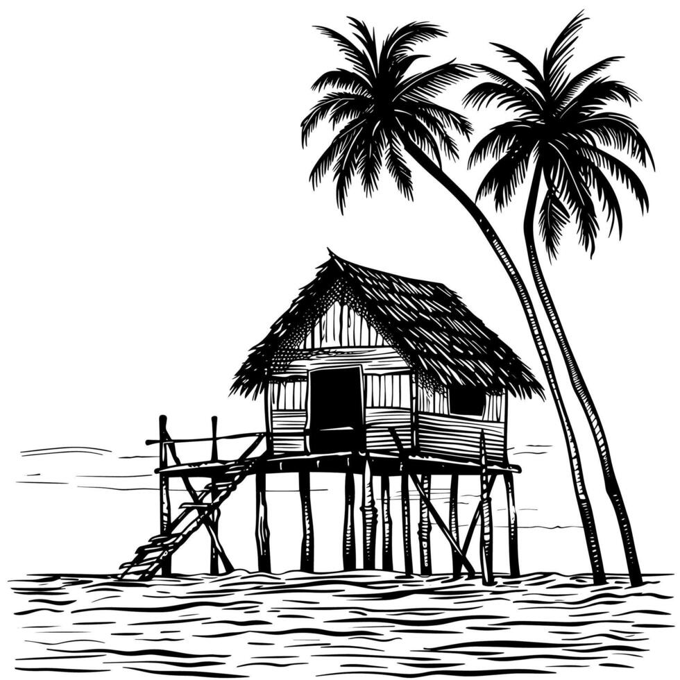 hydda och handflatan träd på styltor nära hav, hav. landskap med strand. svart och vit översikt. illustration. vektor
