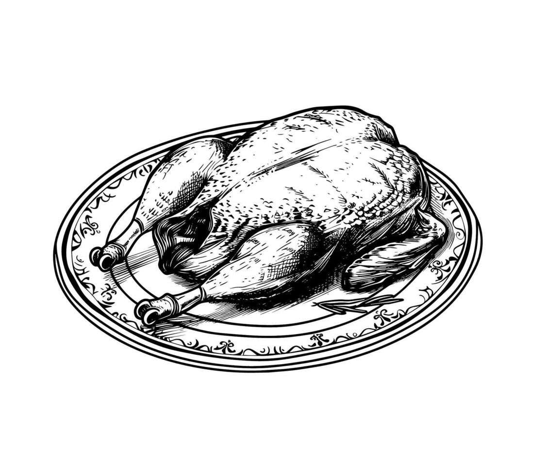 Peking Ente auf Oval Teller. Geflügel Fleisch zum Abendessen. schwarz und Weiß Umriss. Illustration. vektor
