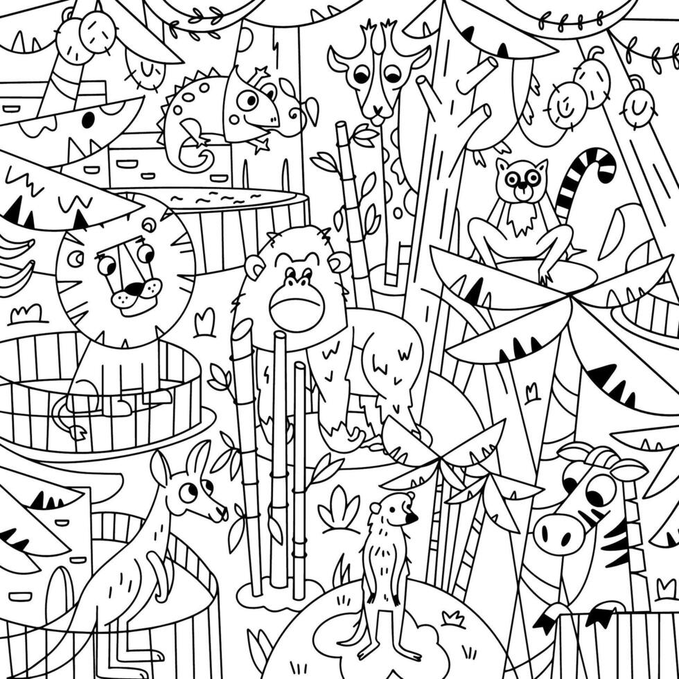 Kinder Färbung. komisch Karikatur Tiere. Illustration. Zoo Figuren. schwarz Gliederung zum Kinder Design, Poster, Buch, Arbeitsblätter. vektor
