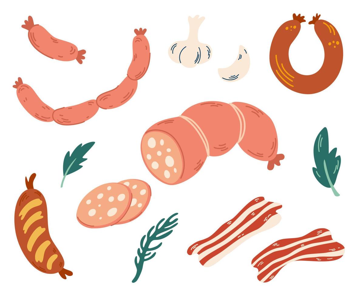 köttkorv set. tecknade nötköttskorvar och salamikorvar, matkorvar för kött. korv sortiment. ingrediens skiva, koka salami, grill delikatess. hand rita vektorillustration. vektor