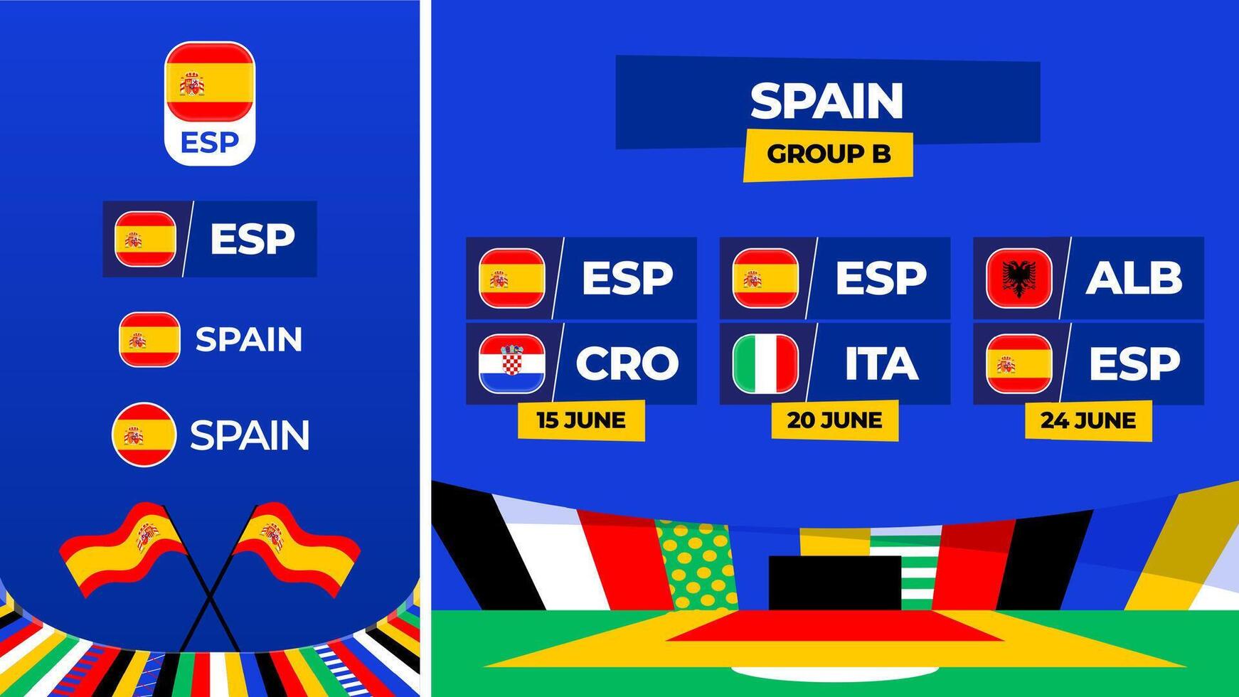 Spanien fotboll 2024 match mot uppsättning. nationell team flagga 2024 och grupp skede mästerskap match mot lag vektor