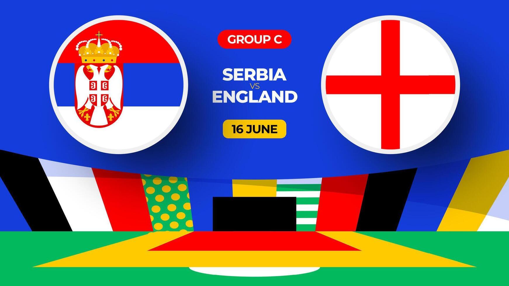 Serbien vs. England Fußball 2024 Spiel gegen. 2024 Gruppe Bühne Meisterschaft Spiel gegen Teams Intro Sport Hintergrund, Meisterschaft Wettbewerb vektor