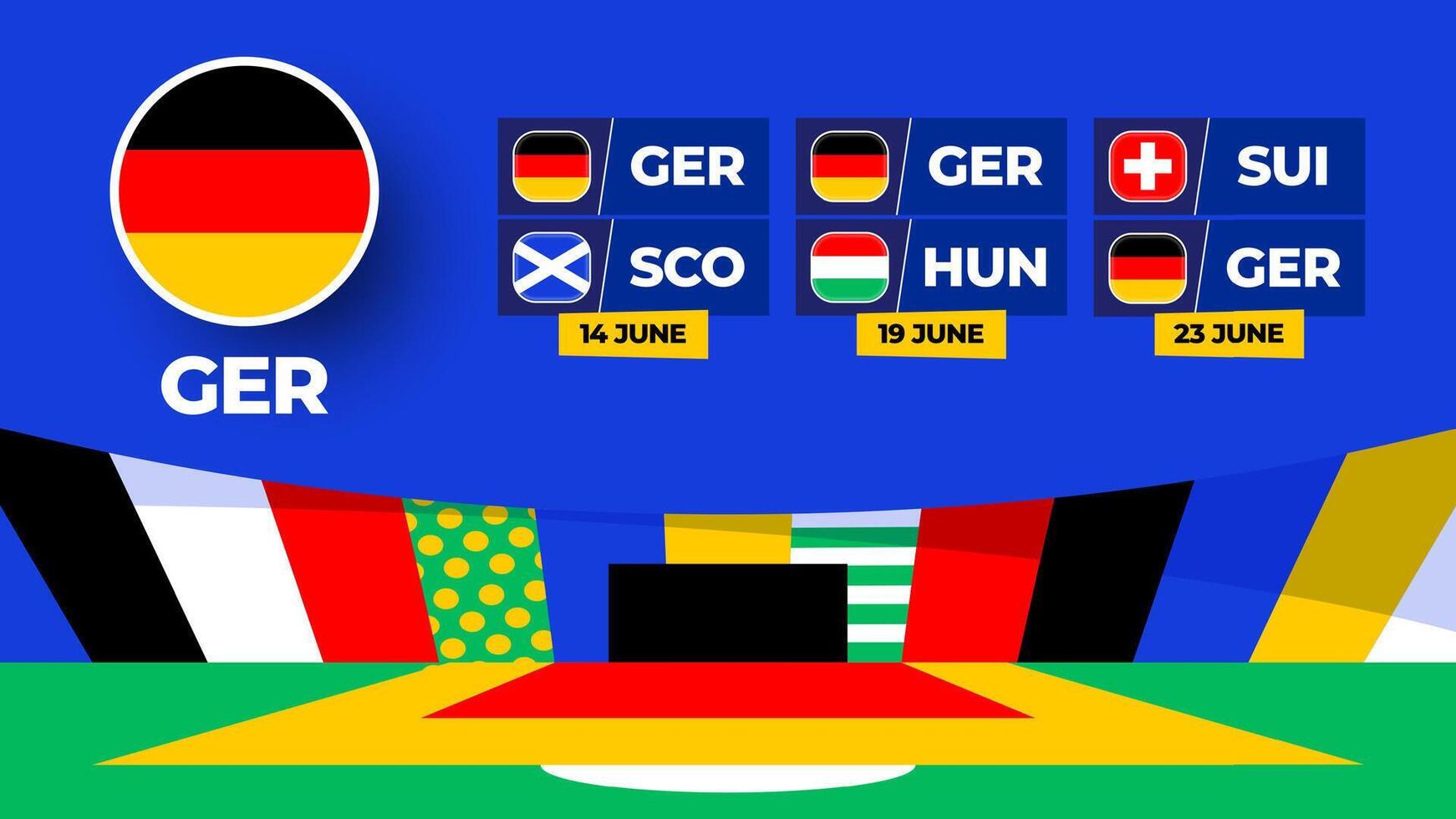 Deutschland Fußball 2024 Spiel gegen Satz. National Mannschaft Flagge 2024 und Gruppe Bühne Meisterschaft Spiel gegen Teams vektor