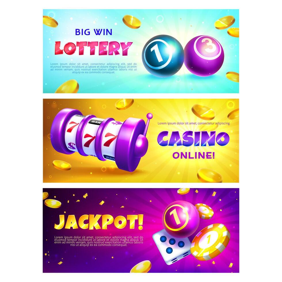 Lotterie Banner mit realistisch Bälle mit gewinnen Kombination Zahlen. Glücksspiel Spiele Poster mit Slot Maschine mit Glücklich drei sieben Jackpot, Gold Poker und Kasino Chips und fliegend glänzend Münzen. vektor