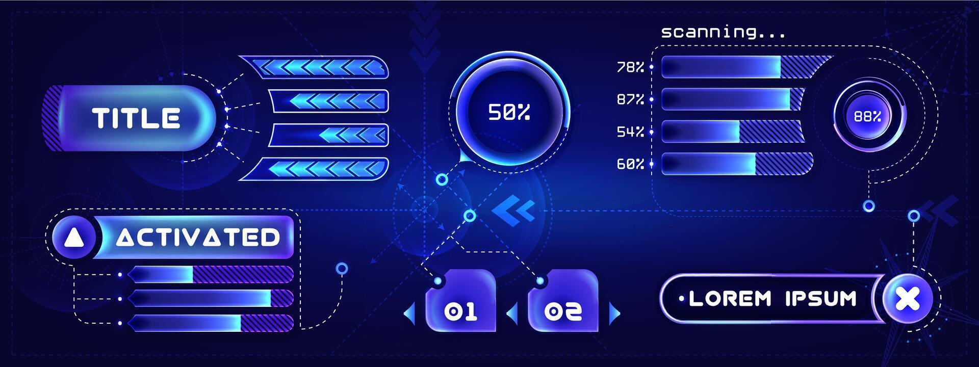 trogen länktexter titlar. abstrakt hud ram skärm, knapp, läser in, text, ropa ut bar etiketter och information låda barer. sci-fi modern teknologi gränser för spel, ui grafisk design eller gui element. vektor