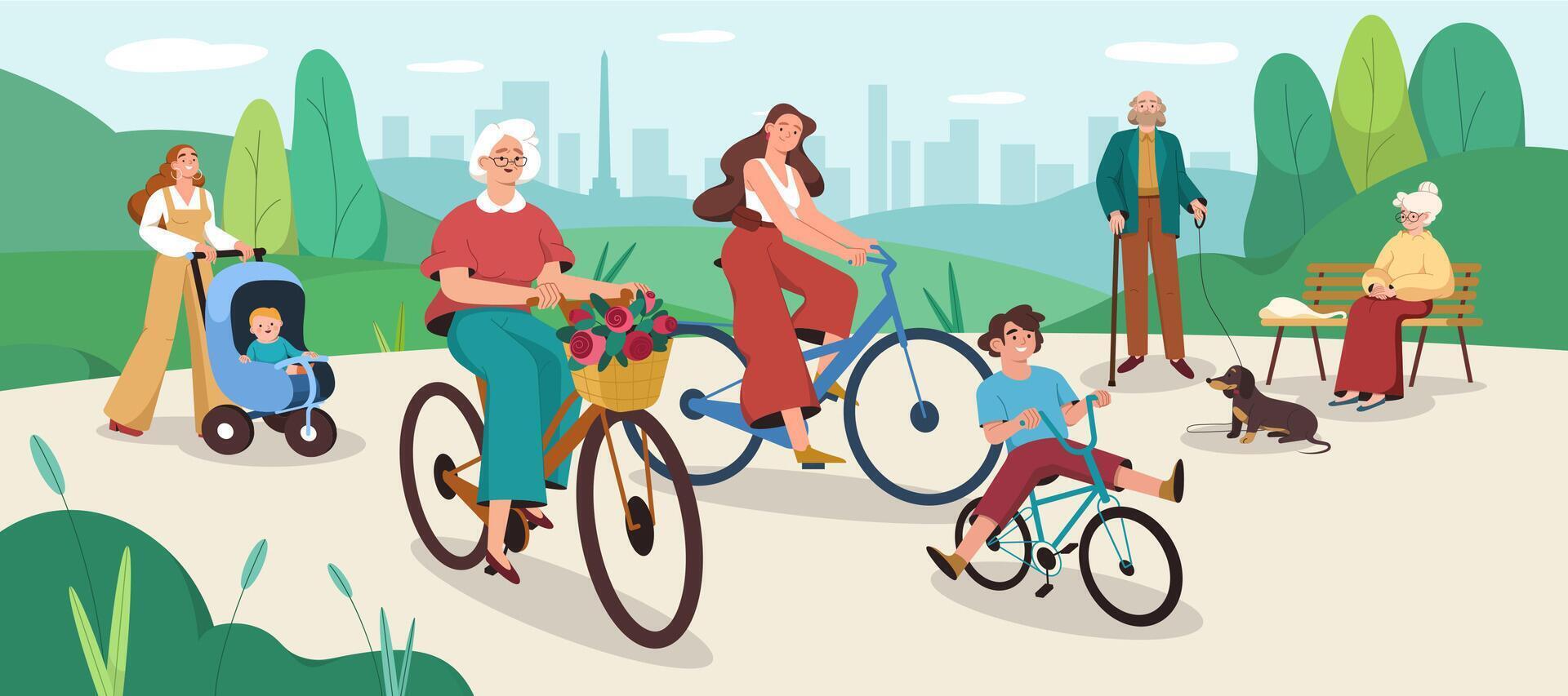 platt människor promenad i offentlig parkera. Lycklig familj rida en cykel. gammal kvinna Sammanträde på en bänk. farfar med hund. mor gående med bebis sittvagn, unge cykling. fritid utomhus- aktivitet, rekreation. vektor