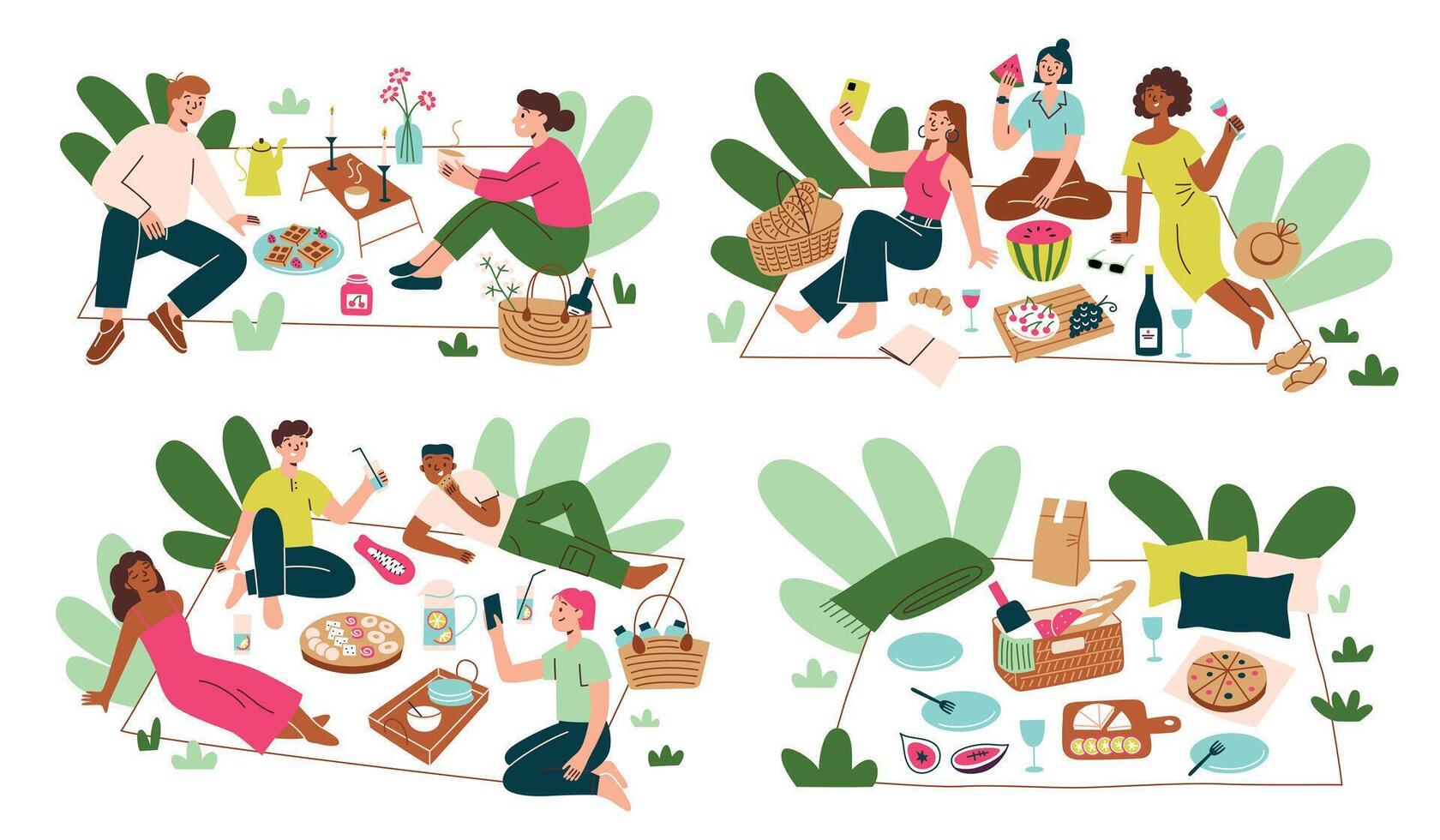 picknick scener med människor. vänner spendera tid utomhus, äter mat, dricka. platt tecknad serie picknick korgar, måltider uppsättning. illustration av familj har lunch i parkera. romantisk datum i natur vektor