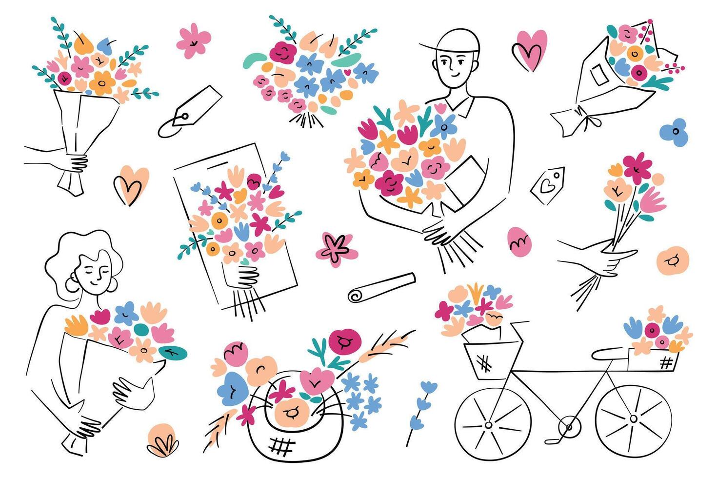 blomma leverans uppsättning, kompositioner med buketter, illustration av kurir innehav blommor, uppkopplad blomsterhandlare Lagra app, smartphone med blommig sammansättning, Lycklig kvinna med gåva, årgång cykel vektor