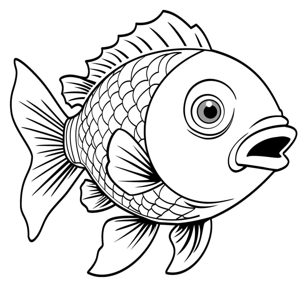 svart och vit tecknad serie fisk illustration vektor