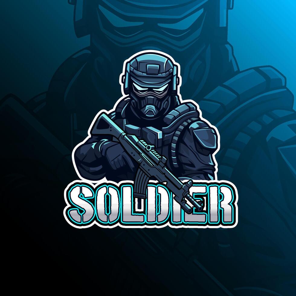 Soldat mit Gewehr Maskottchen Logo Design zum Abzeichen, Emblem, Esport und T-Shirt Drucken vektor