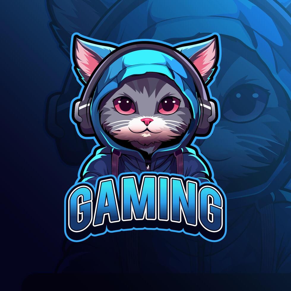 Katze mit Kopfhörer Maskottchen Logo Design zum Abzeichen, Emblem, Esport und T-Shirt Drucken vektor