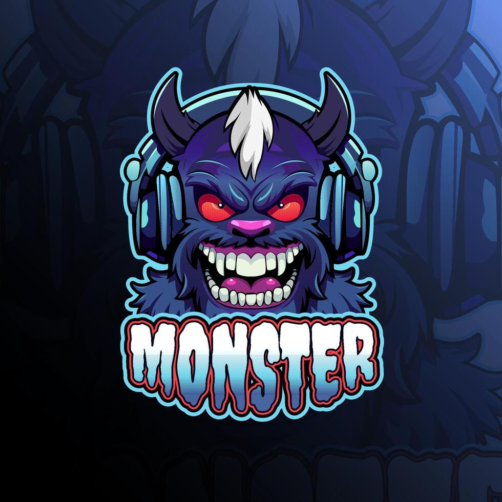 monster med hörlurar logotyp design för bricka, emblem, esport och t-shirt utskrift vektor