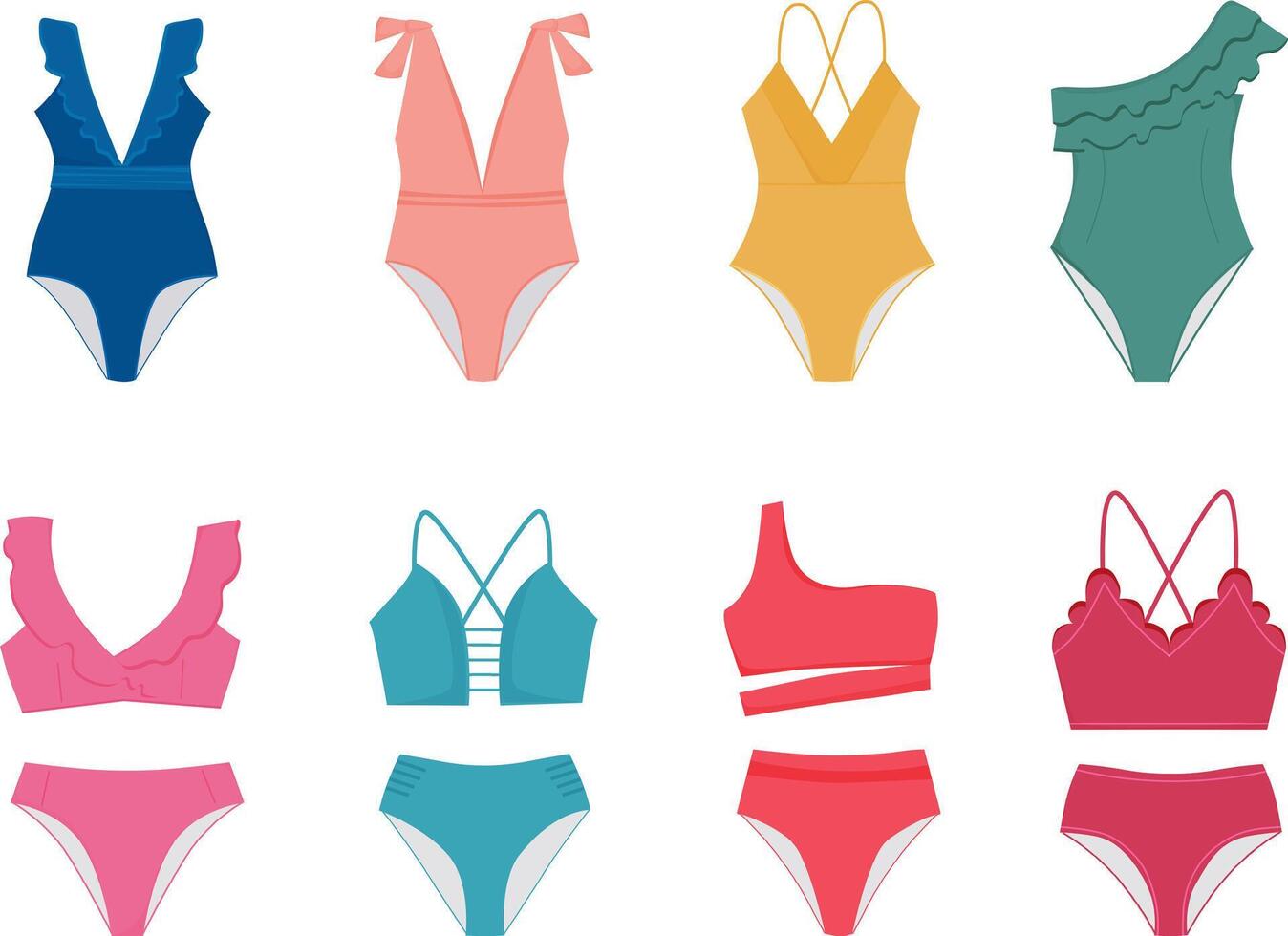 Badeanzüge Satz. einer Stück Badeanzüge und Bikini Sammlung. Damen Kleider zum Schwimmen und Urlaub. weiblich Badebekleidung Mode. Illustration auf Weiß Hintergrund. vektor