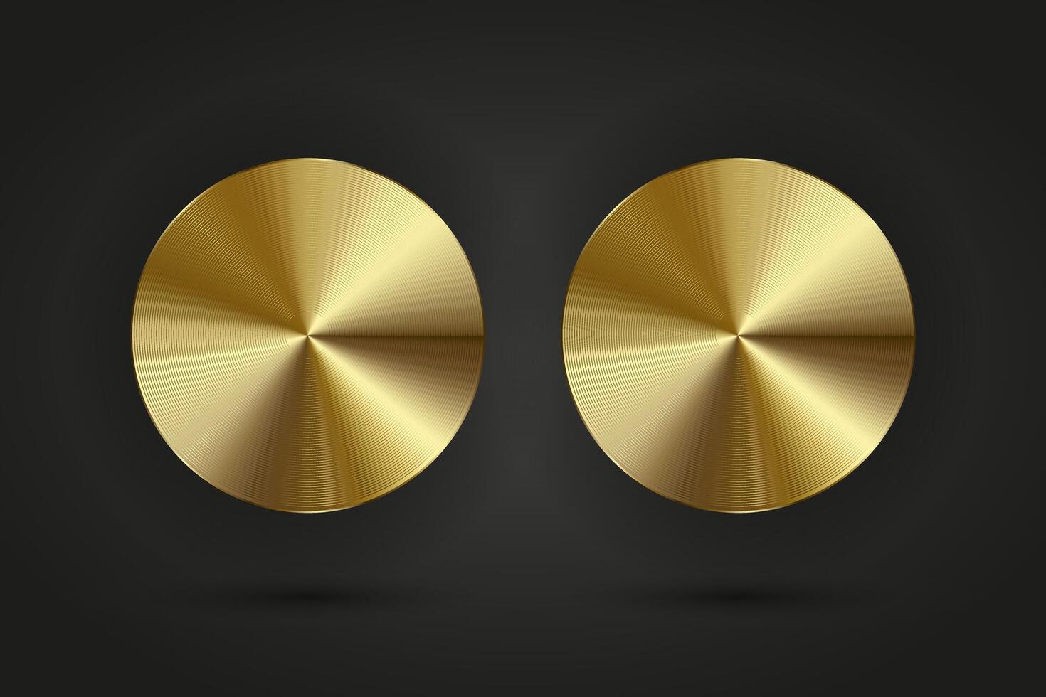 2 lyx guld cirkel realistisk metall knapp knapp infographic design. två gyllene knappar på isolerat mörk lutning bakgrund vektor