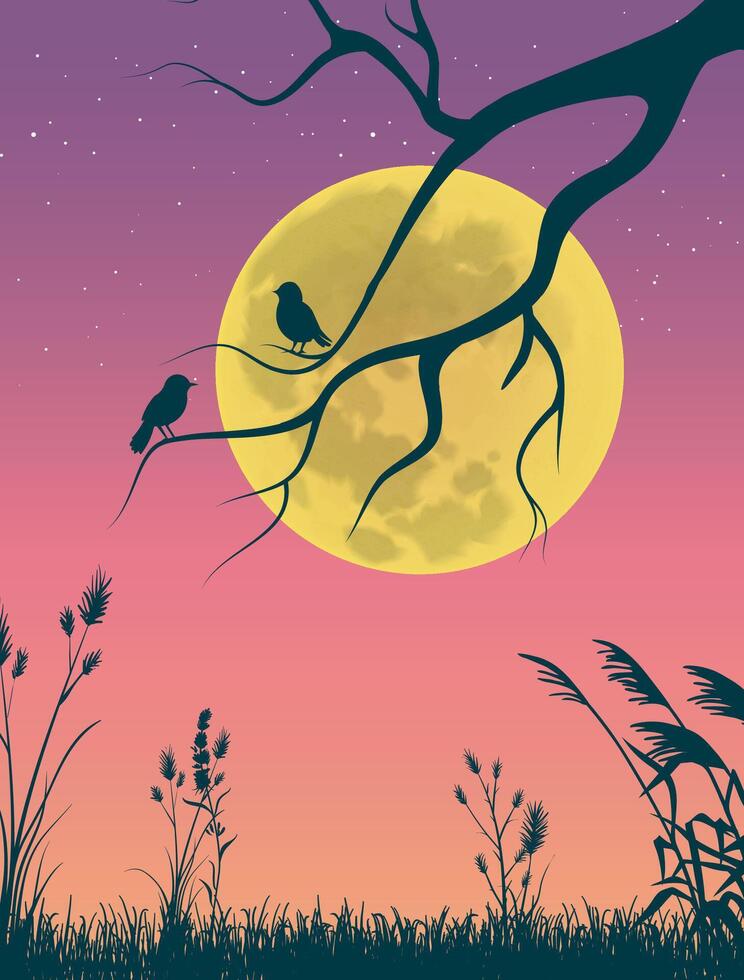 en magisk illustration av natur terar en par av söt fåglar silhuetter stående på en träd gren i främre av en full måne på natt vektor