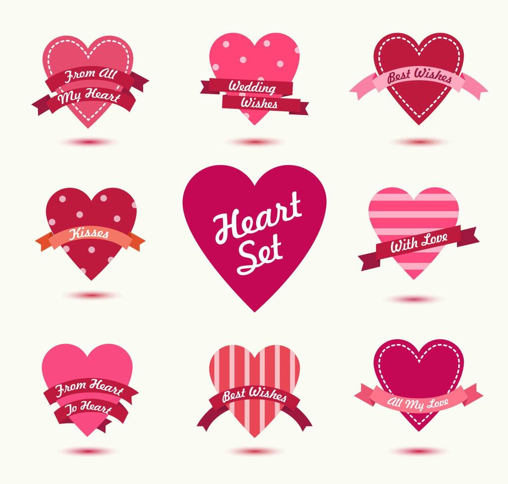 uppsättning av hjärtan märken, logotyper. retro kärlek ikoner med band. använda sig av för kort, annons, webb, banderoller, etc vektor
