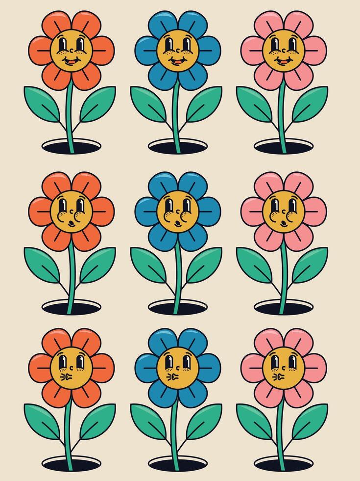häftig blommor med ansikten, orange, blå, rosa vektor