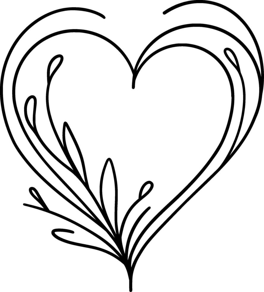 hand dragen hjärta med löv. svart och vit illustration. hjärta med blommig prydnad. ett kontinuerlig teckning av hjärta och svart form kärlek tecken. tunn frodas och romantisk symbol vektor