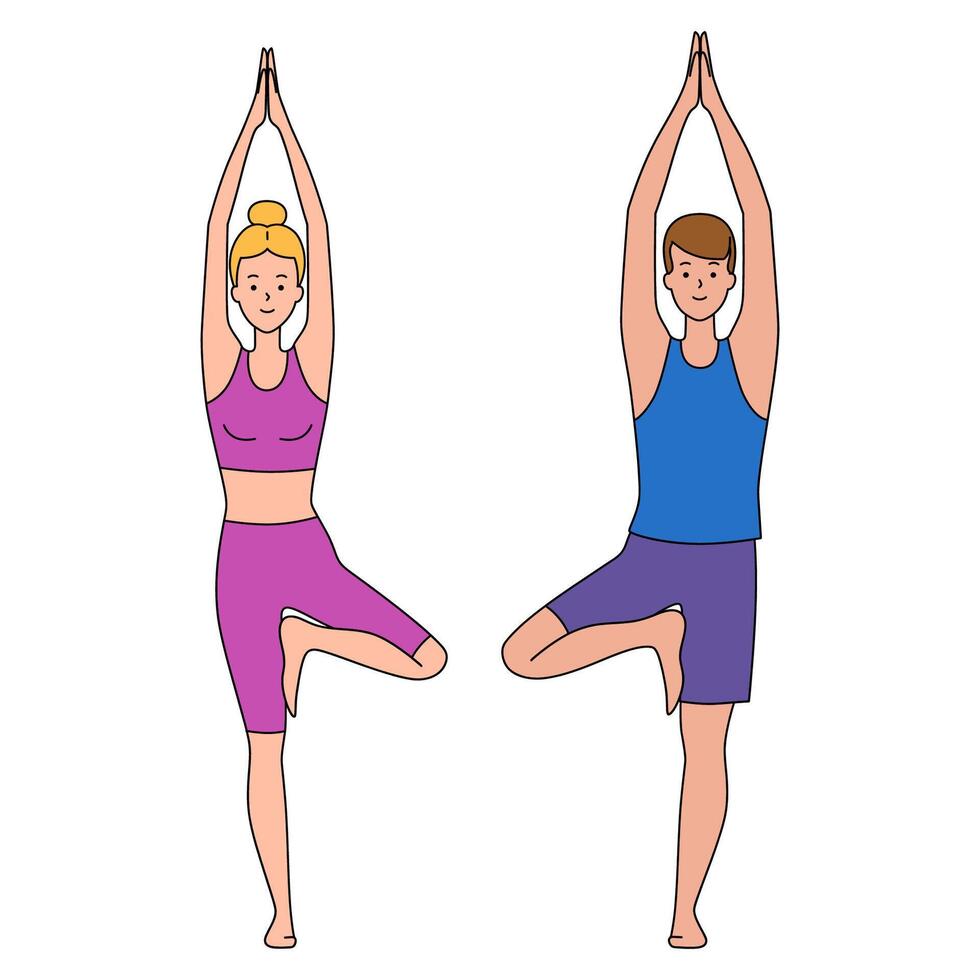 ein Mann und ein Frau sind tun Yoga. physisch und spirituell ausüben. Pose. Gleichgewicht. Sport. Illustration im eben Stil. vektor