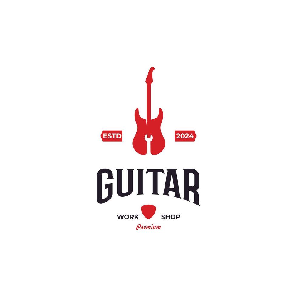 Gitarre Reparatur Logo, Gitarre mit Schlüssel Logo Jahrgang Emblem Etikette vektor