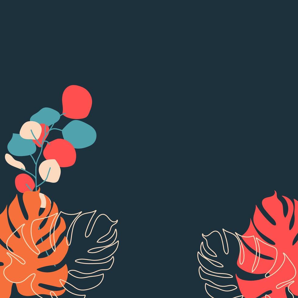 kreativ modisch Blumen- Blau Hintergrund mit exotisch tropisch Elemente, Pflanzen Blätter. Illustration Vorlage mit Pflanzen vektor