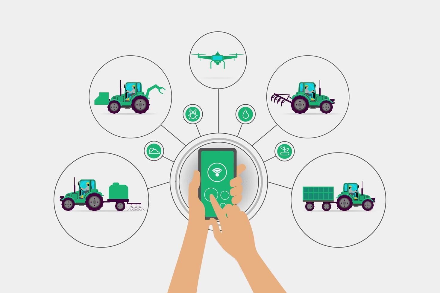 illustration av en modern jordbrukare använder sig av en smartphone till kontrollera jordbruks aktiviteter använder sig av smart jordbruk Utrustning vektor